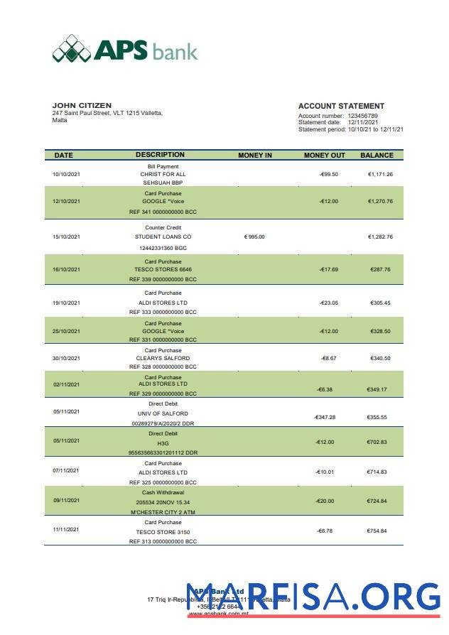 Printable Malta APS bank statement word example
